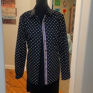 Foxcroft Women’s Sz 14 Black White Polka Dots Button Down Shirt 3/4 Sleeves